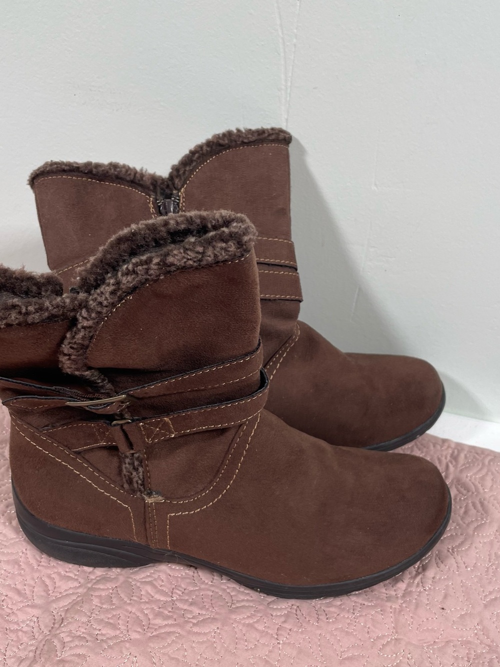 Earth Spirit Brown Suede Faux-Fur Ankle Boots